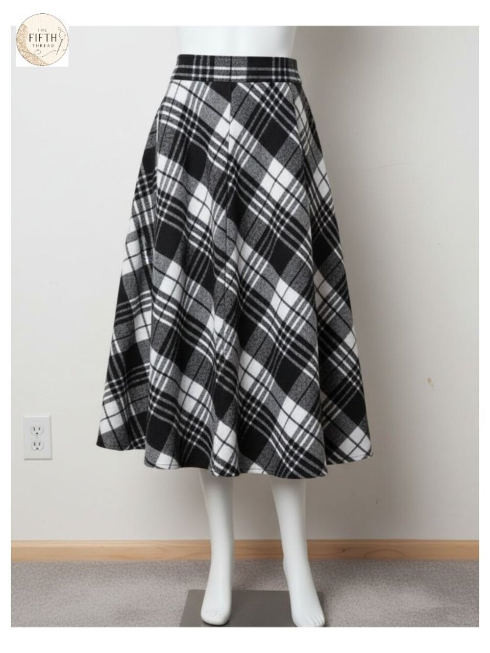 Wool Blend Plaid A-Line Midi Skirt with PU Leather Pocket